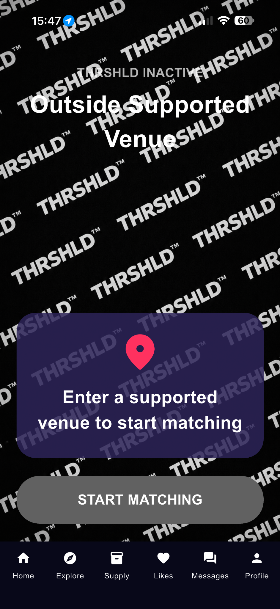 THRSHLD venue-gated matchmaking screen